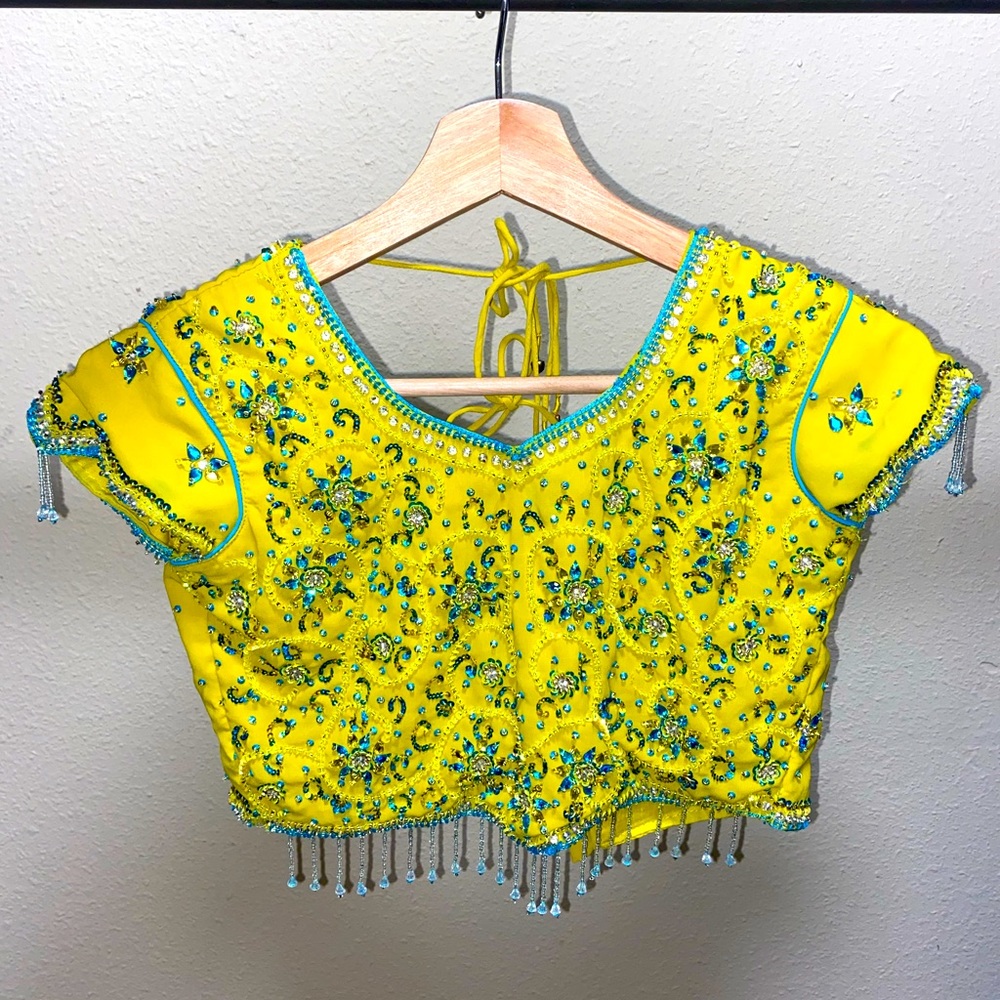 Yellow Silk Embellished Cropped Top
